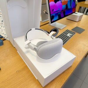 White virtual reality headset on display table